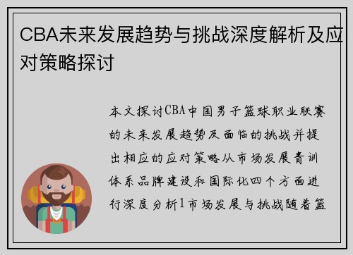 CBA未来发展趋势与挑战深度解析及应对策略探讨